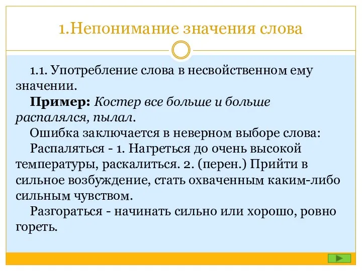 1.Непонимание значения слова 1.1. Употребление слова в несвойственном ему значении.