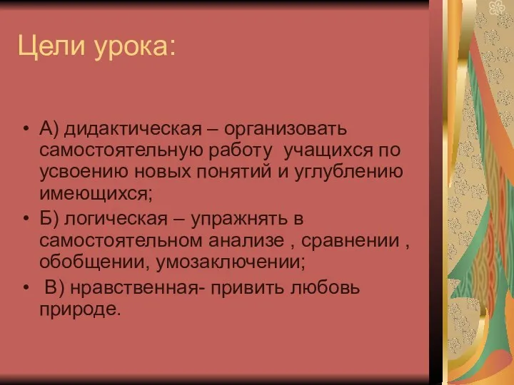 Цели урока: А) дидактическая – организовать самостоятельную работу учащихся по