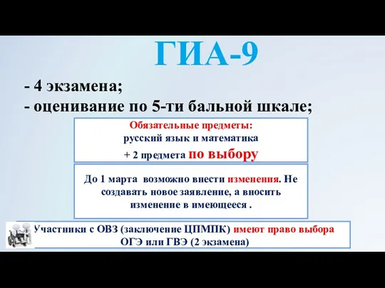 ГИА-9 Обязательные предметы: русский язык и математика + 2 предмета по выбору Участники