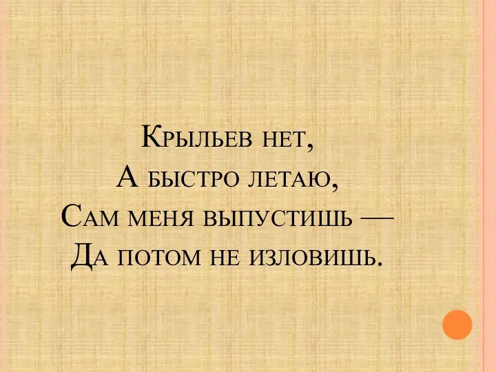 Крыльев нет, А быстро летаю, Сам меня выпустишь — Да потом не изловишь.