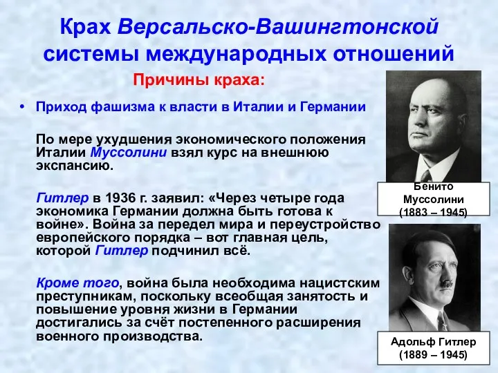 Крах Версальско-Вашингтонской системы международных отношений Причины краха: Приход фашизма к