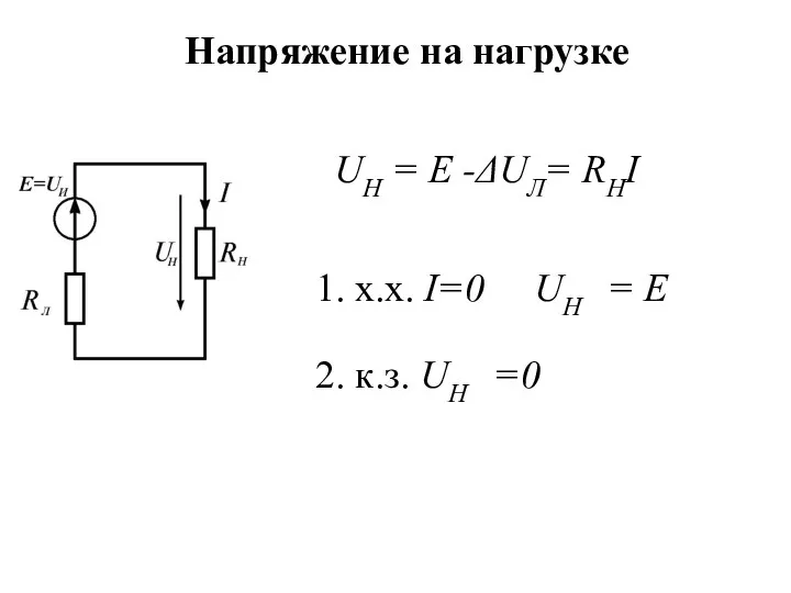 Напряжение на нагрузке UН = E -ΔUЛ= RНI 1. х.х.