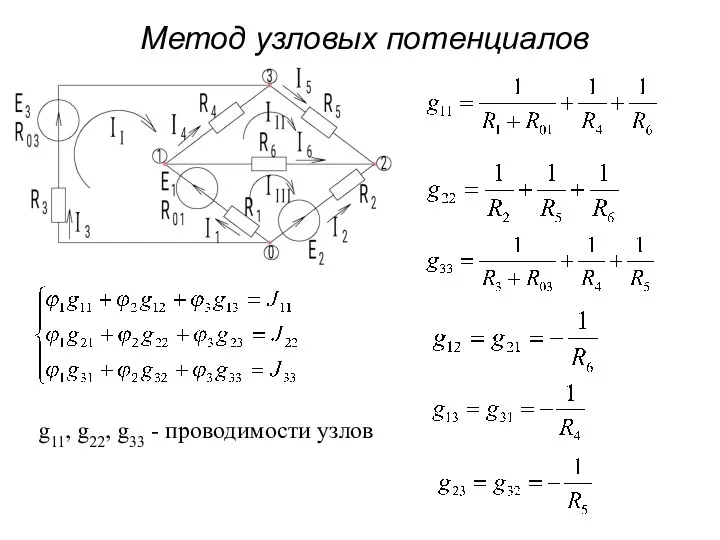 Метод узловых потенциалов g11, g22, g33 - проводимости узлов