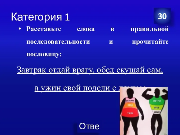 Категория 1 Расставьте слова в правильной последовательности и прочитайте пословицу: