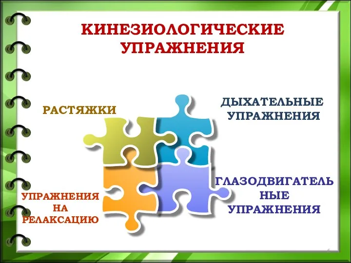 КИНЕЗИОЛОГИЧЕСКИЕ УПРАЖНЕНИЯ ДЫХАТЕЛЬНЫЕ УПРАЖНЕНИЯ УПРАЖНЕНИЯ НА РЕЛАКСАЦИЮ РАСТЯЖКИ ГЛАЗОДВИГАТЕЛЬНЫЕ УПРАЖНЕНИЯ