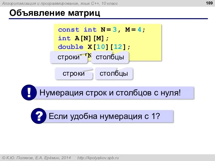 Объявление матриц const int N = 3, M = 4; int A[N][M]; double