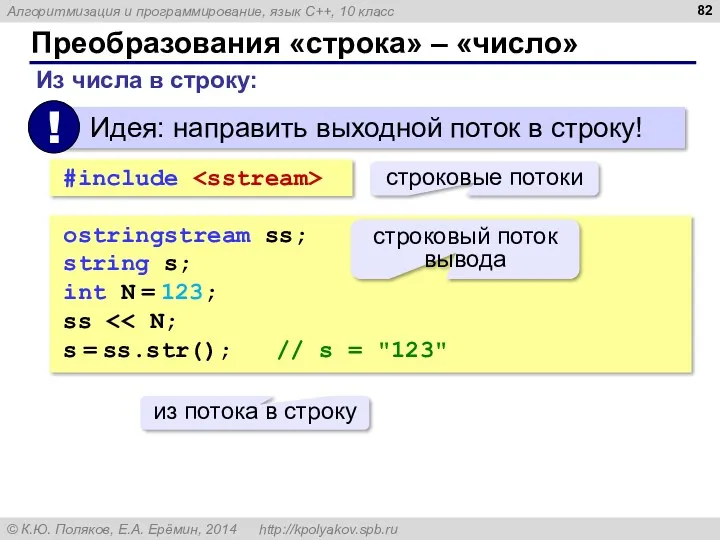 Преобразования «строка» – «число» Из числа в строку: ostringstream ss; string s; int