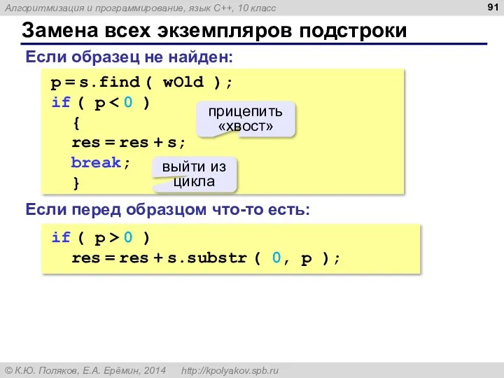 Замена всех экземпляров подстроки p = s.find ( wOld ); if ( p