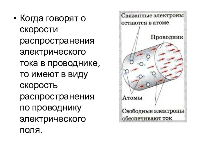 Когда говорят о скорости распространения электрического тока в проводнике, то