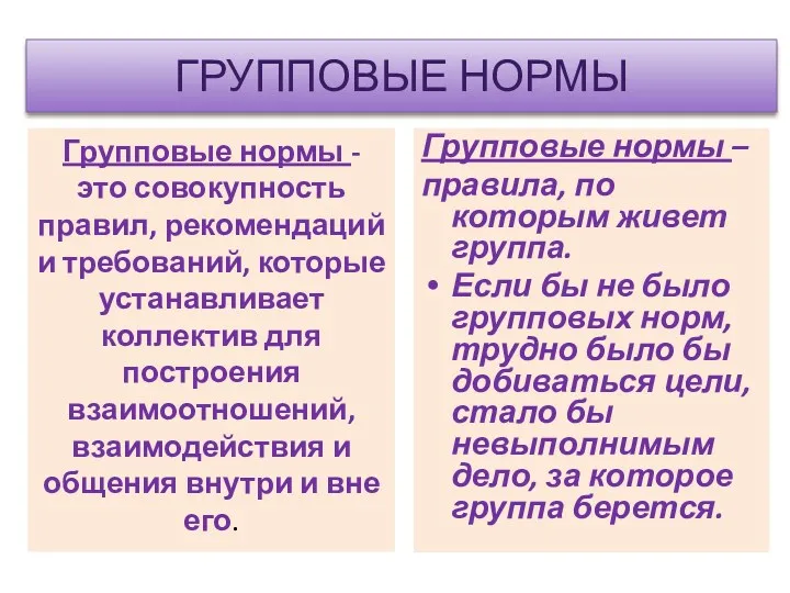 ГРУППОВЫЕ НОРМЫ Групповые нормы – правила, по которым живет группа.