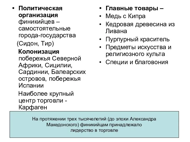 Политическая организация финикийцев – самостоятельные города-государства (Сидон, Тир) Колонизация побережья