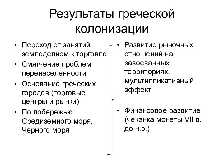 Результаты греческой колонизации Переход от занятий земледелием к торговле Смягчение