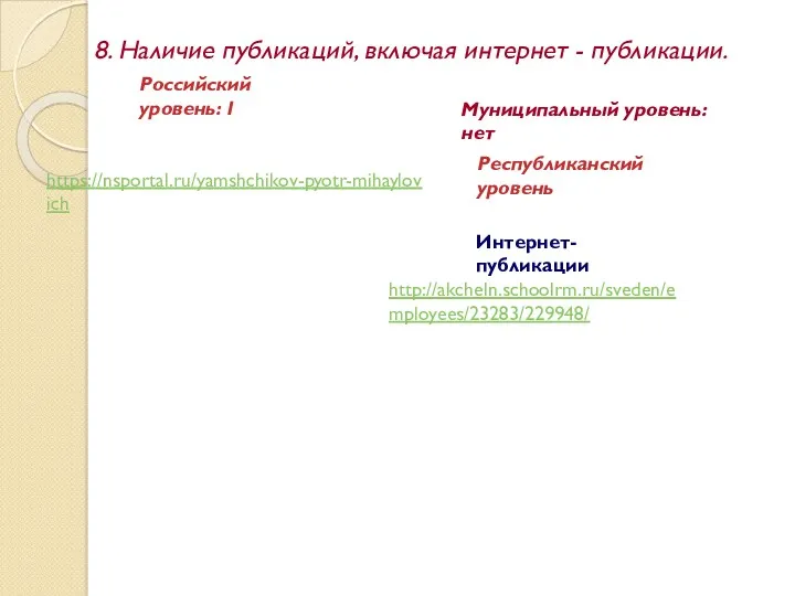 8. Наличие публикаций, включая интернет - публикации. Интернет-публикации Муниципальный уровень: