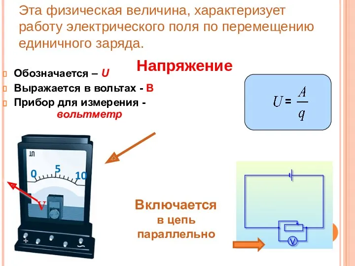 Обозначается – U Выражается в вольтах - В Прибор для измерения - вольтметр