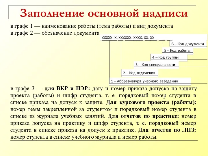 Заполнение основной надписи в графе 1 — наименование работы (тема