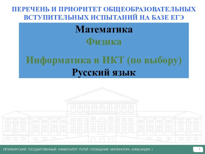 ПЕРЕЧЕНЬ И ПРИОРИТЕТ ОБЩЕОБРАЗОВАТЕЛЬНЫХ ВСТУПИТЕЛЬНЫХ ИСПЫТАНИЙ НА БАЗЕ ЕГЭ