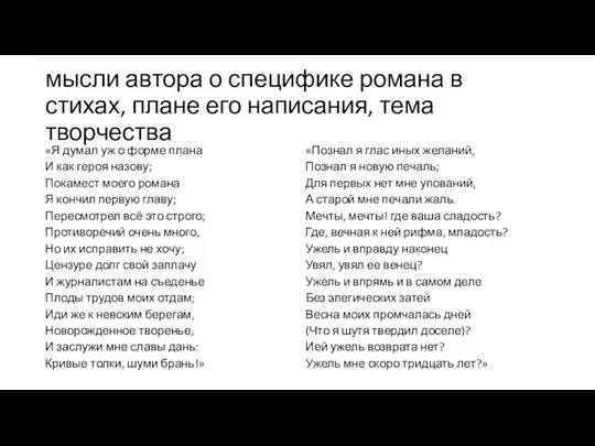 мысли автора о специфике романа в стихах, плане его написания,