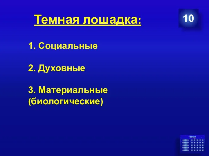 Темная лошадка: 10 1. Социальные 2. Духовные 3. Материальные (биологические)