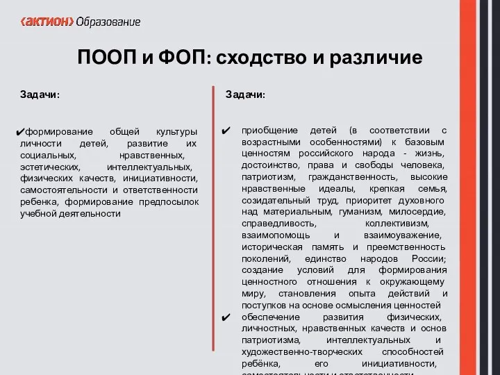 ПООП и ФОП: сходство и различие Задачи: формирование общей культуры личности детей, развитие