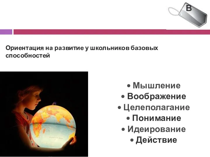 Ориентация на развитие у школьников базовых способностей В Мышление Воображение Целеполагание Понимание Идеирование Действие