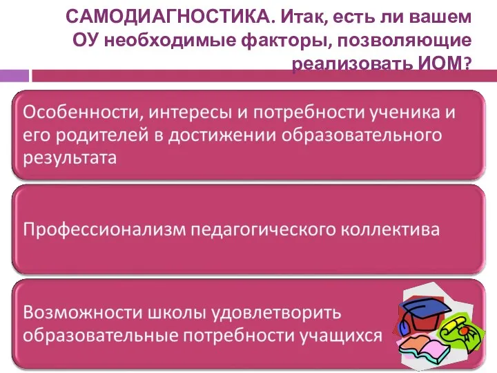 САМОДИАГНОСТИКА. Итак, есть ли вашем ОУ необходимые факторы, позволяющие реализовать ИОМ?