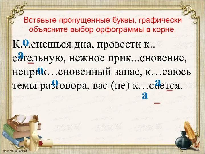 Вставьте пропущенные буквы, графически объясните выбор орфограммы в корне. К…снешься