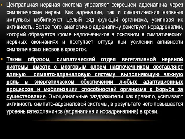 Центральная нервная система управляет секрецией адреналина через симпатические нервы. Как