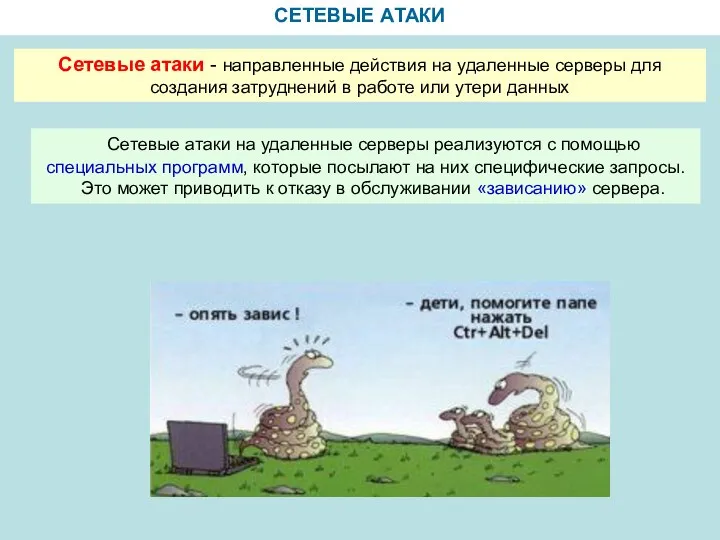 СЕТЕВЫЕ АТАКИ Сетевые атаки - направленные действия на удаленные серверы