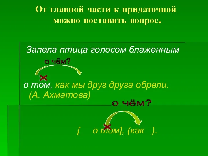 От главной части к придаточной можно поставить вопрос. Запела птица