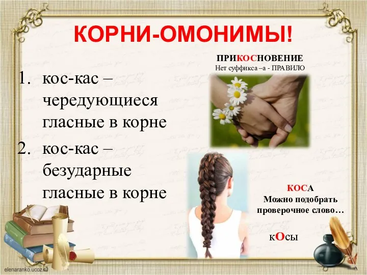 КОРНИ-ОМОНИМЫ! кос-кас – чередующиеся гласные в корне кос-кас – безударные