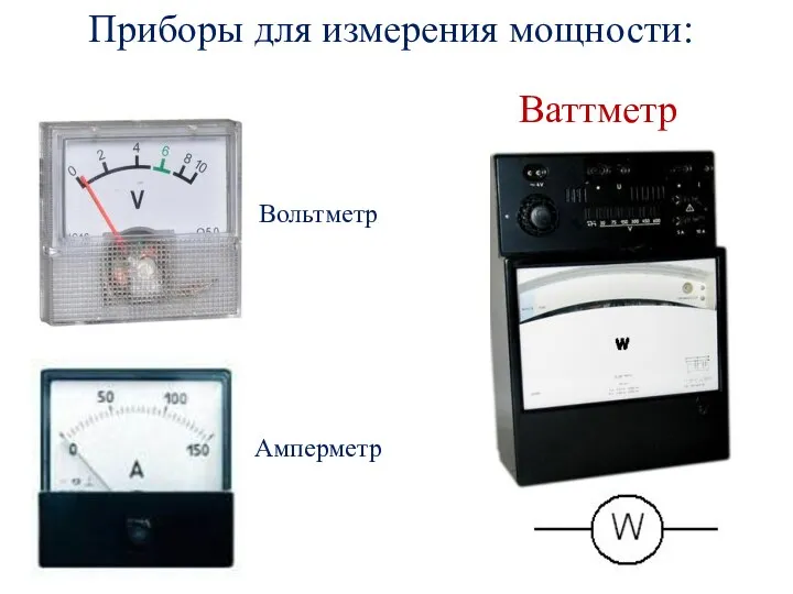 Приборы для измерения мощности: Ваттметр Вольтметр Амперметр