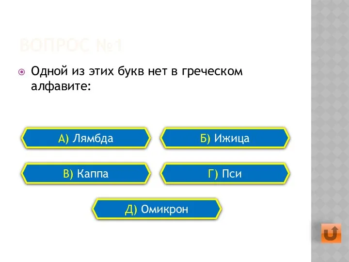 ВОПРОС №1 Одной из этих букв нет в греческом алфавите: А) Лямбда Б)