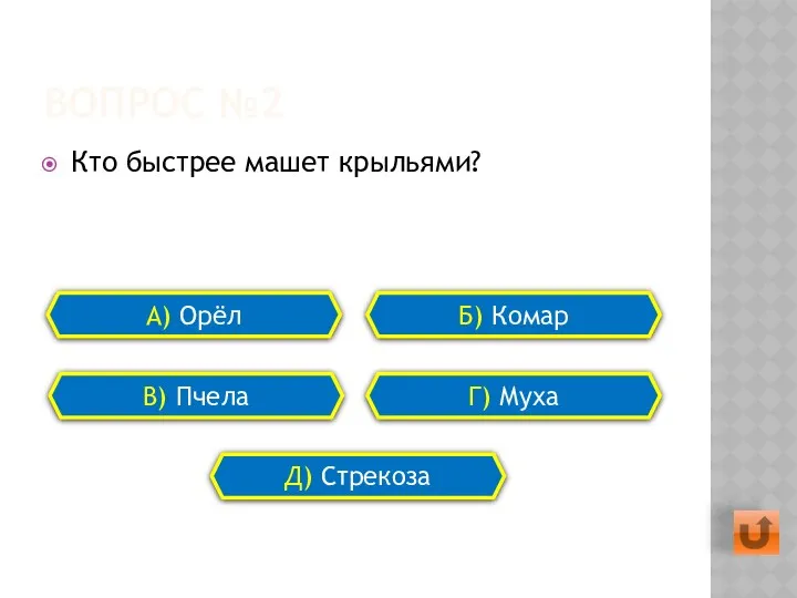 ВОПРОС №2 Кто быстрее машет крыльями? А) Орёл Б) Комар В) Пчела Г) Муха Д) Стрекоза