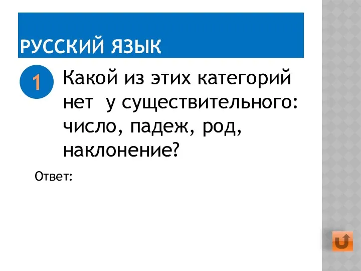 РУССКИЙ ЯЗЫК Какой из этих категорий нет у существительного: число, падеж, род, наклонение? 1 Ответ: Наклонение