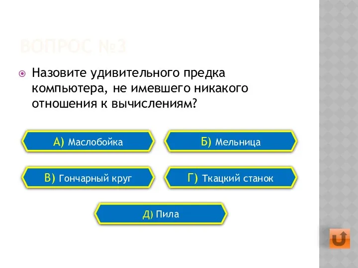 ВОПРОС №3 Назовите удивительного предка компьютера, не имевшего никакого отношения