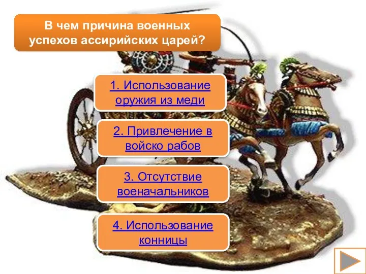 В чем причина военных успехов ассирийских царей? 1. Использование оружия