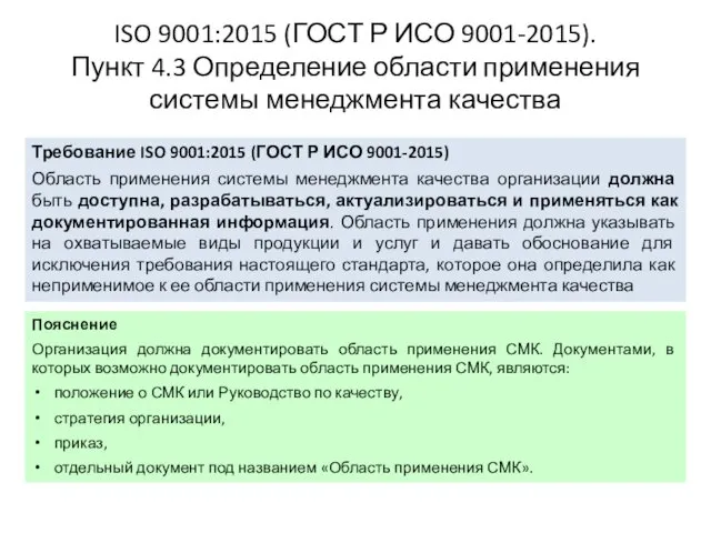 ISO 9001:2015 (ГОСТ Р ИСО 9001-2015). Пункт 4.3 Определение области