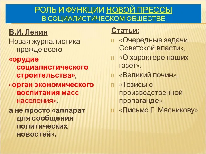 РОЛЬ И ФУНКЦИИ НОВОЙ ПРЕССЫ В СОЦИАЛИСТИЧЕСКОМ ОБЩЕСТВЕ В.И. Ленин