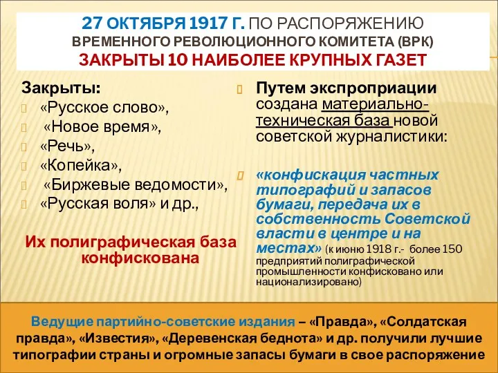 27 ОКТЯБРЯ 1917 Г. ПО РАСПОРЯЖЕНИЮ ВРЕМЕННОГО РЕВОЛЮЦИОННОГО КОМИТЕТА (ВРК)