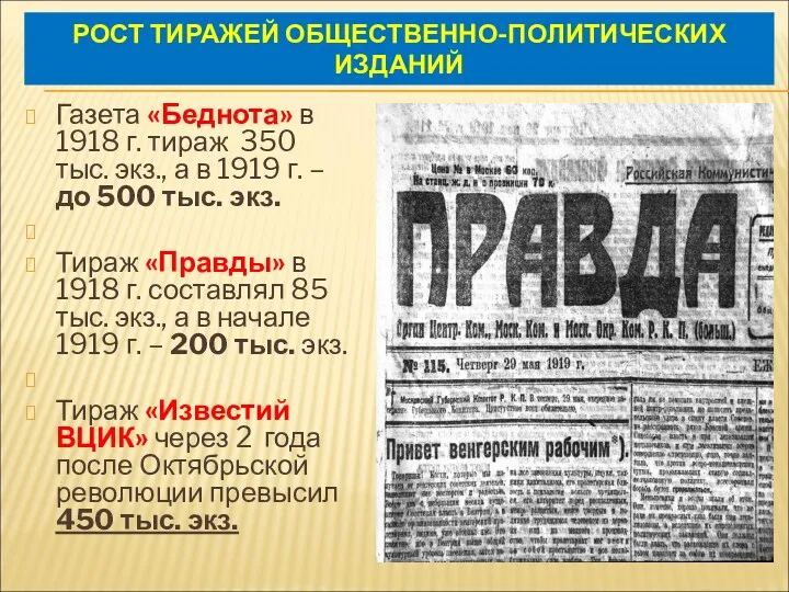 РОСТ ТИРАЖЕЙ ОБЩЕСТВЕННО-ПОЛИТИЧЕСКИХ ИЗДАНИЙ Газета «Беднота» в 1918 г. тираж