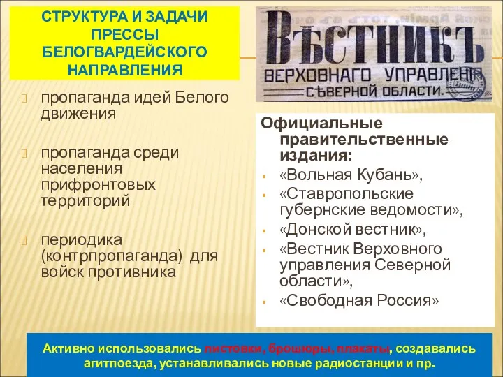 СТРУКТУРА И ЗАДАЧИ ПРЕССЫ БЕЛОГВАРДЕЙСКОГО НАПРАВЛЕНИЯ пропаганда идей Белого движения