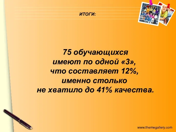 ИТОГИ: 75 обучающихся имеют по одной «3», что составляет 12%,