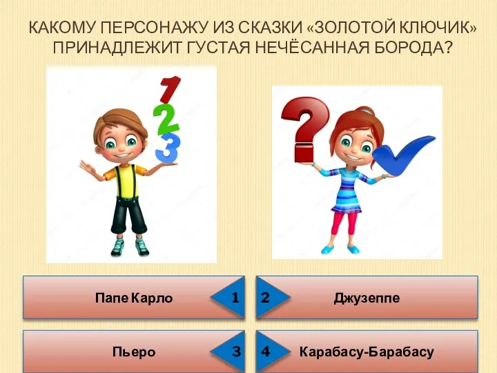 КАКОМУ ПЕРСОНАЖУ ИЗ СКАЗКИ «ЗОЛОТОЙ КЛЮЧИК» ПРИНАДЛЕЖИТ ГУСТАЯ НЕЧЁСАННАЯ БОРОДА? Папе Карло Карабасу-Барабасу