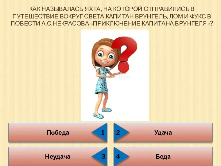 КАК НАЗЫВАЛАСЬ ЯХТА, НА КОТОРОЙ ОТПРАВИЛИСЬ В ПУТЕШЕСТВИЕ ВОКРУГ СВЕТА КАПИТАН ВРУНГЕЛЬ, ЛОМ