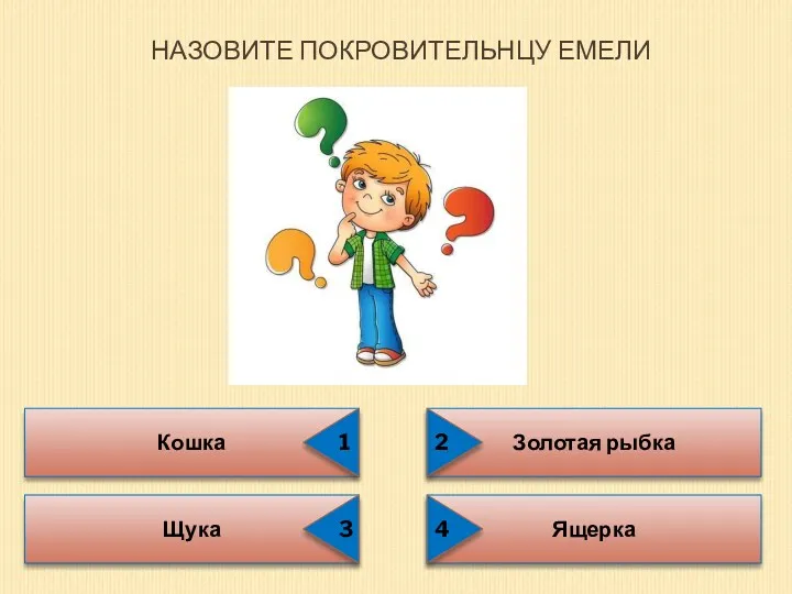 НАЗОВИТЕ ПОКРОВИТЕЛЬНЦУ ЕМЕЛИ Кошка Золотая рыбка Щука Ящерка 1 3 2 4