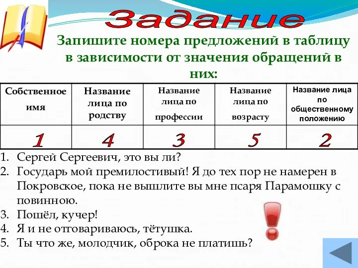 Задание Запишите номера предложений в таблицу в зависимости от значения