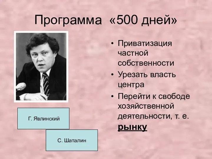 Программа «500 дней» Приватизация частной собственности Урезать власть центра Перейти