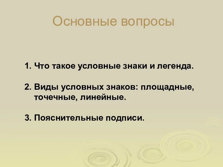 Основные вопросы 1. Что такое условные знаки и легенда. 2.