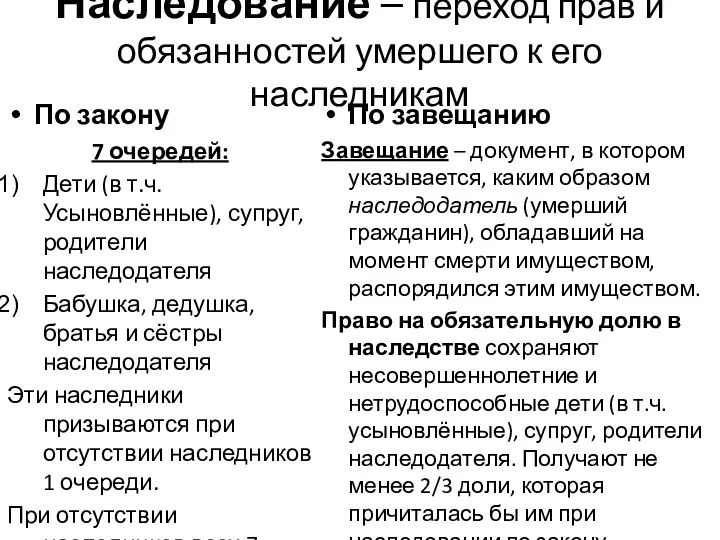 Наследование – переход прав и обязанностей умершего к его наследникам