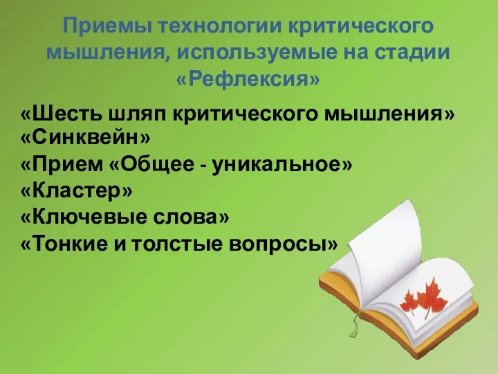 Приемы технологии критического мышления, используемые на стадии «Рефлексия» «Шесть шляп